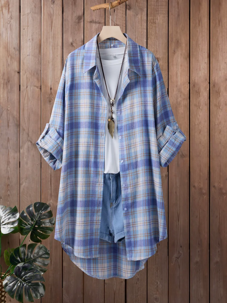 Plus Size Women's New Loose-Fit Tops Medium-Length Oversize Long Sleeve Plaid Shirt Sun Protection Jacket Blouse Couple Clothes