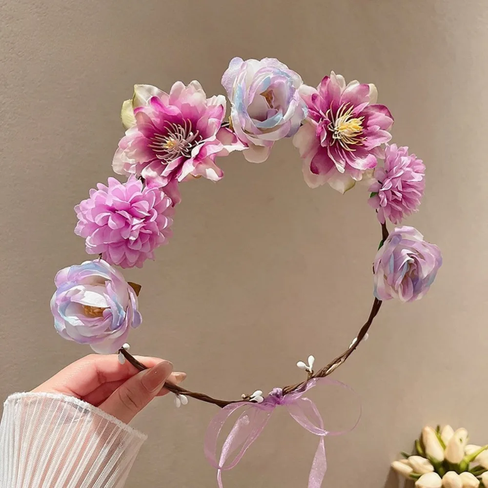 Elegant Bohemia Style Bride Garland Simulation Flower Hair Ornaments Flower Headband Thai Adjustable Wedding Headwear Women