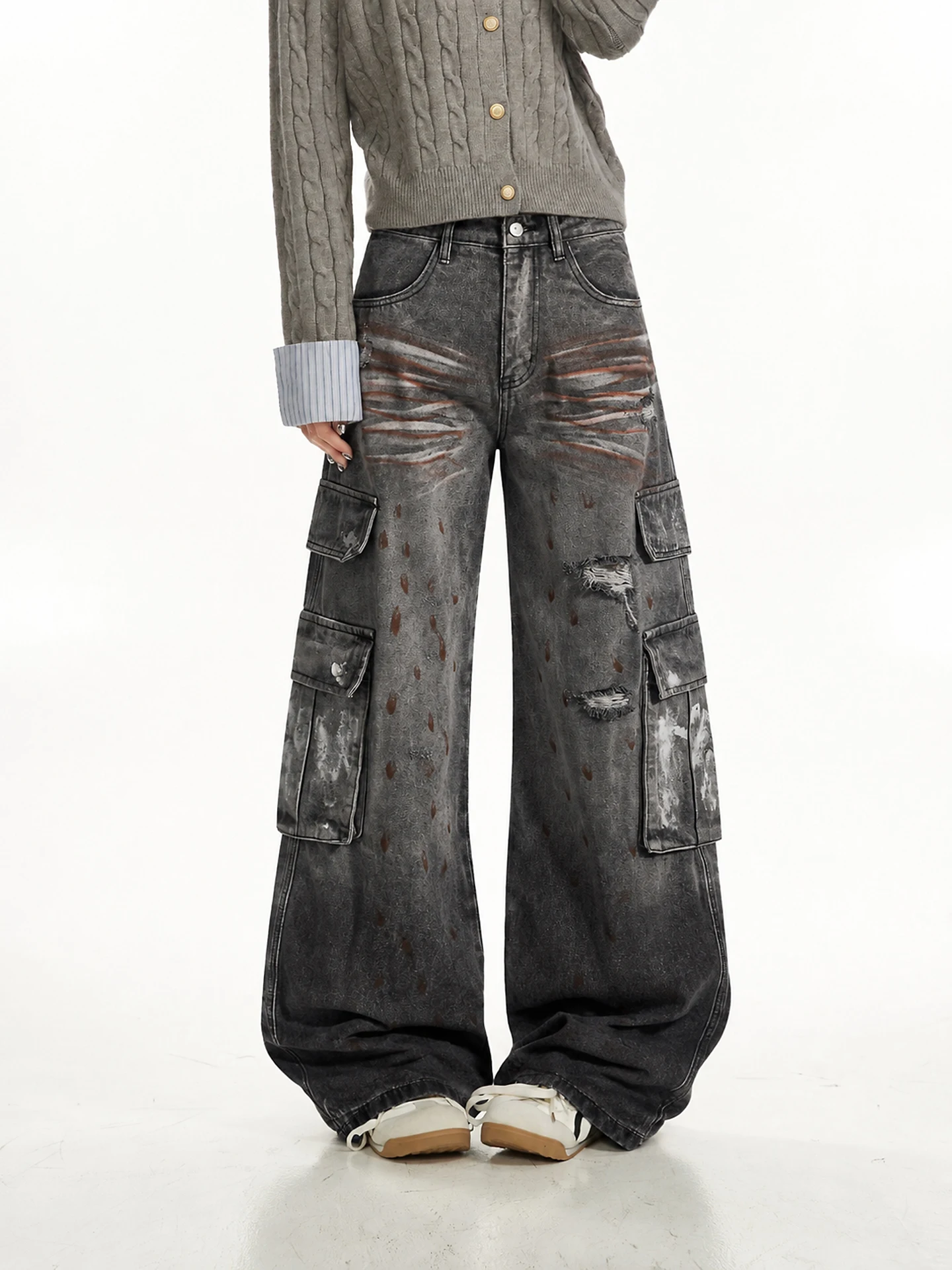 Ant Style High Waist Wide Leg Denim Jeans Women's Multi Pocket Grey Black Casual Straight Leg Pants Floor Length Trousers