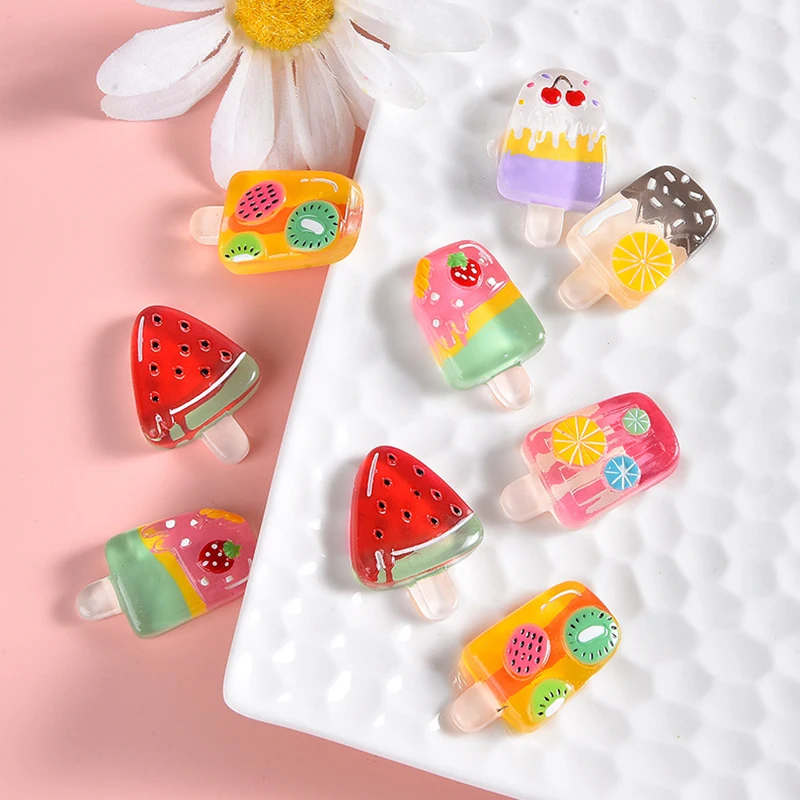 

100pcs Cartoon Summer Fruit Popsicle Resin Flatback Cabochon Ice Cream Charm DIY Scrapbook Cell Phone Decor Jewelry Accessories