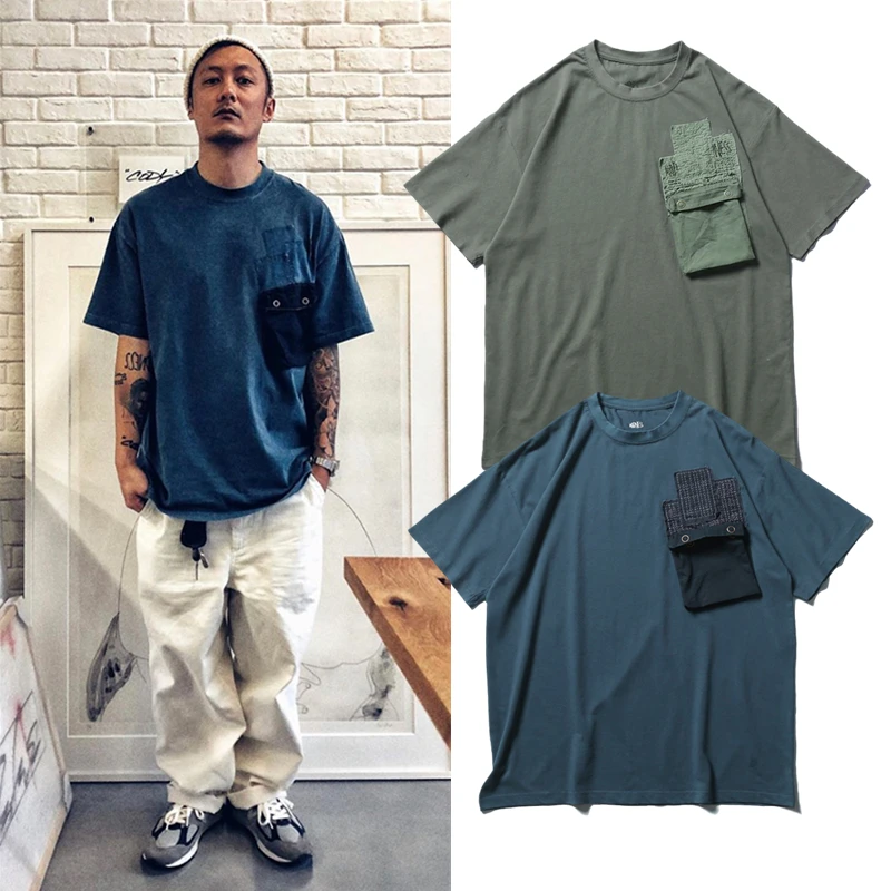

Loose Casual ort Sve T-irt with Patch ket Retro Japanese Sle Cotton Youth Faion Summer Top for Men And Couples