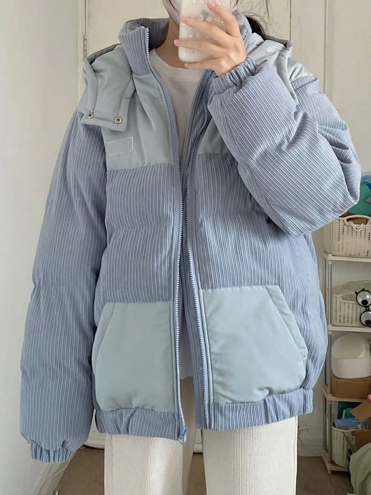 

2023 Winter New Women Patchwork Casual Korean Jacket Hooded Contrast Color Coat Harajuku Fashion Vintage Padded Warm Parkas
