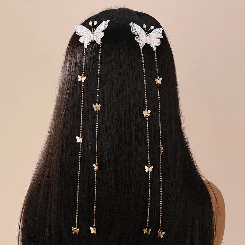 2pcs/set Metal Chain Butterfly Side Hair Clip – Flowing Tassel, Perfect for Ponytail Decoration & Daily Styling.