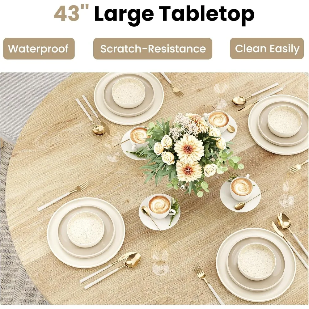 Modern Round Dining Table for 4, Compact Kitchen Table with Wooden Top and Metal Base