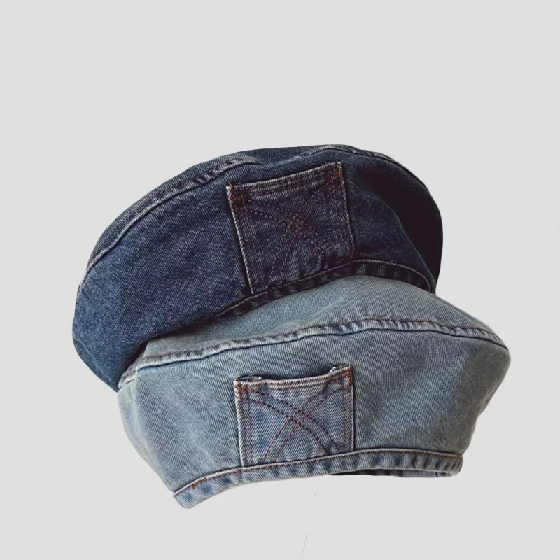 Vintage washed denim Berets caps for women autumn 2023 new thin large size  artist hat temperament mushroom hat for girl