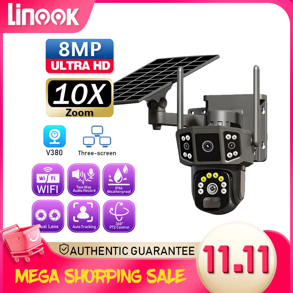 

Linook 10X,V380,4K dual lens,outdoor security network camera,4G sim solar camera,wireless WIFI solar closed-circuit television