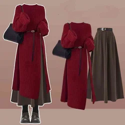 Women's Autumn Winter New Red Sweater Half Skirts Two Piece Set Lady Graceful Knit Pullover Tops High Waist Skirt Oufits 2025