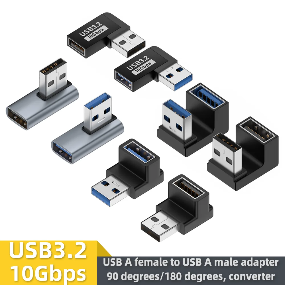 Adaptateur USB A femelle vers USB A mâle, convertisseur 90 degrés/180 degrés, transmission 10Gbps, adapté aux appareils port USB pour ordinateurs portables