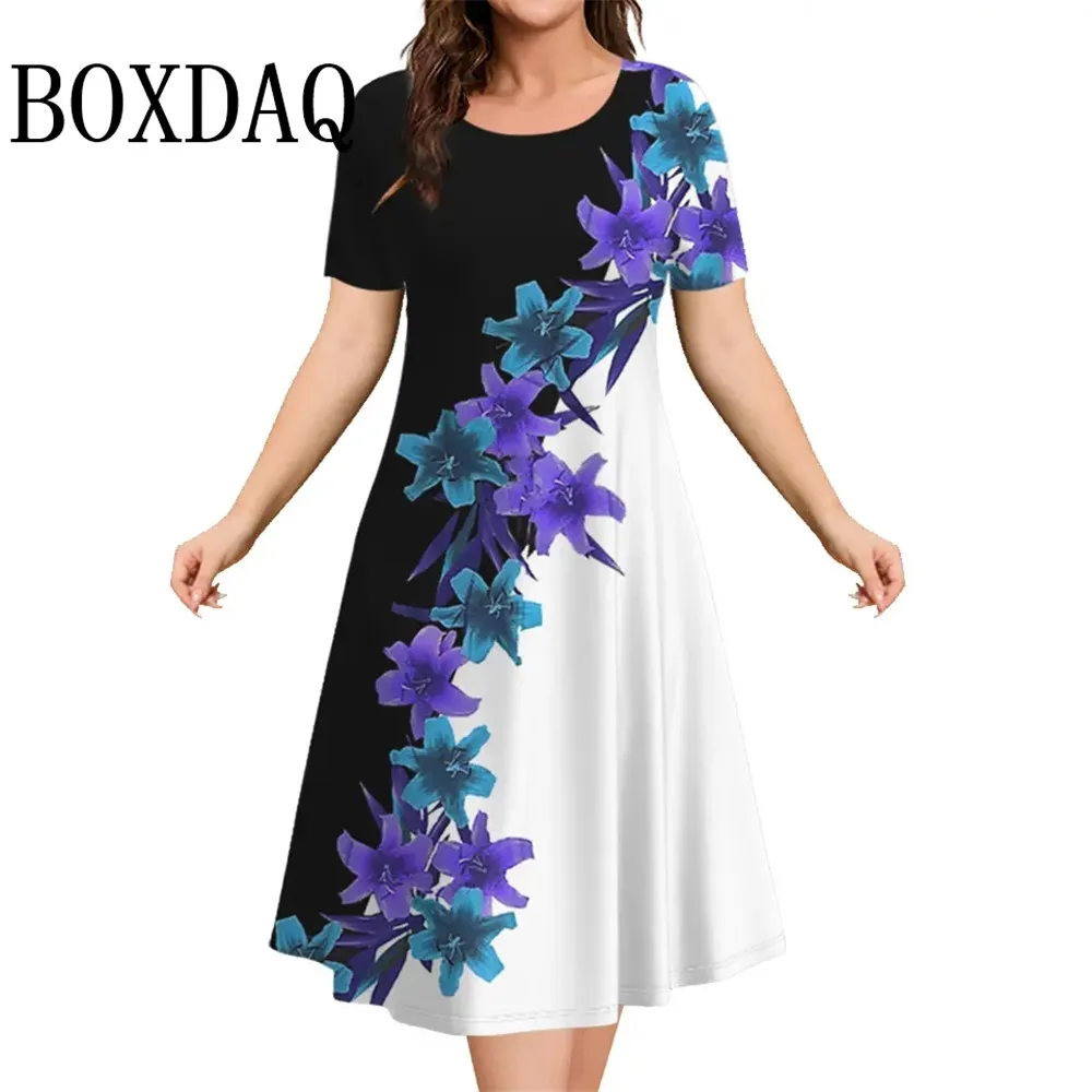 Sundress Loose Plus Size Dresses 9XL Women Flowers 3D Print Clothing Casual Summer Retro Short Sleeve Ladies Elegant Mini Dress