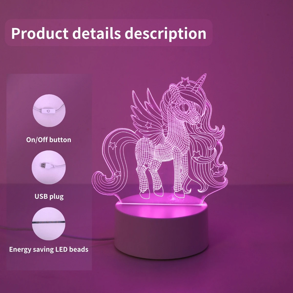 1PC 3D Night Light Creative Bedside Light Cute Unicorn Valentine\'s Day Christmas Home Decoration Romantic Atmosphere Light