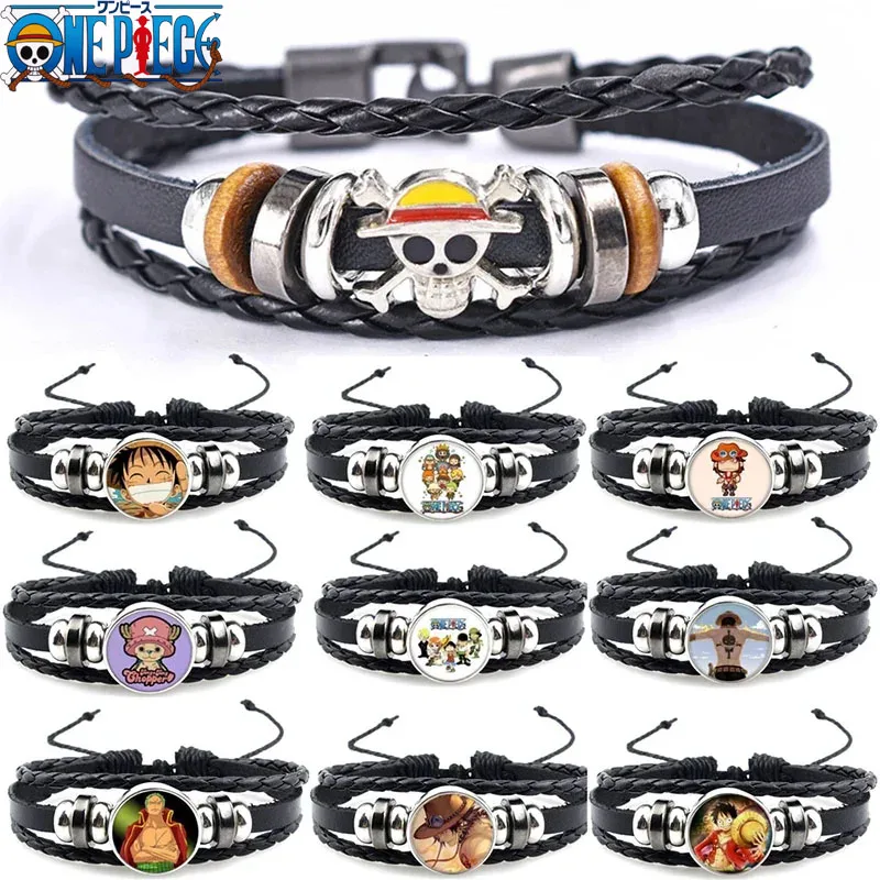 Anime One Piece PU Bracelet Luffy Roronoa Zoro Nico·Robin Chopper Braided Leather Bracelet Children Cartoon Jewelry Toys Gifts