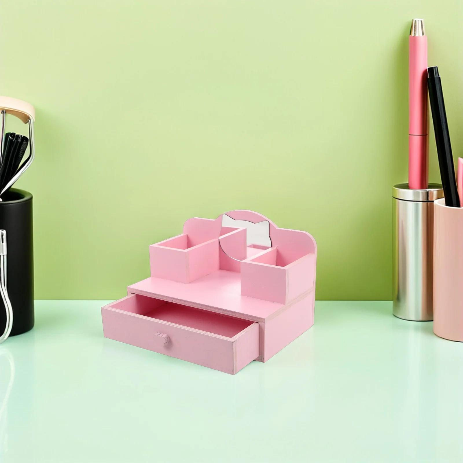 미니어처 인형의 집 화장대 핑크 프린세스 나무 메이크업 드레싱 테이블 조절 가능한 거울 서랍 인형의 집 가구