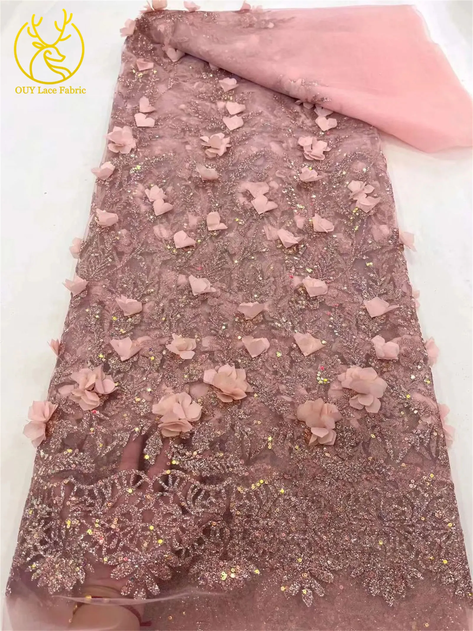 3D Lila Applikations-Spitzenstoff 2026 Hochwertige Afrikanische Glitzer-Pailletten-Spitze Nigerianisch für Hochzeit Braut Partykleid 5 Yards – Detail 4