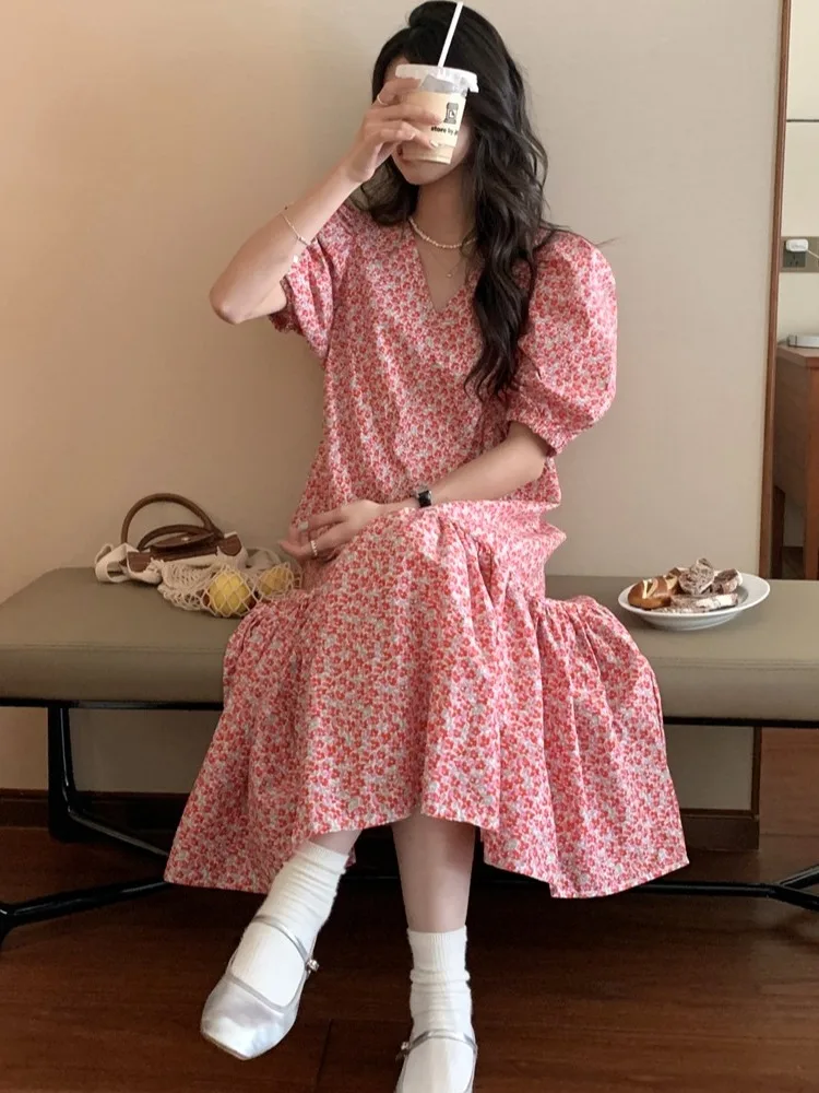 Korean Sle Sweet Summer V-ne Floral Print Loose Splice Blouse Sve Dr Women's Puffy Sve Maxi Dr Lantern Sve