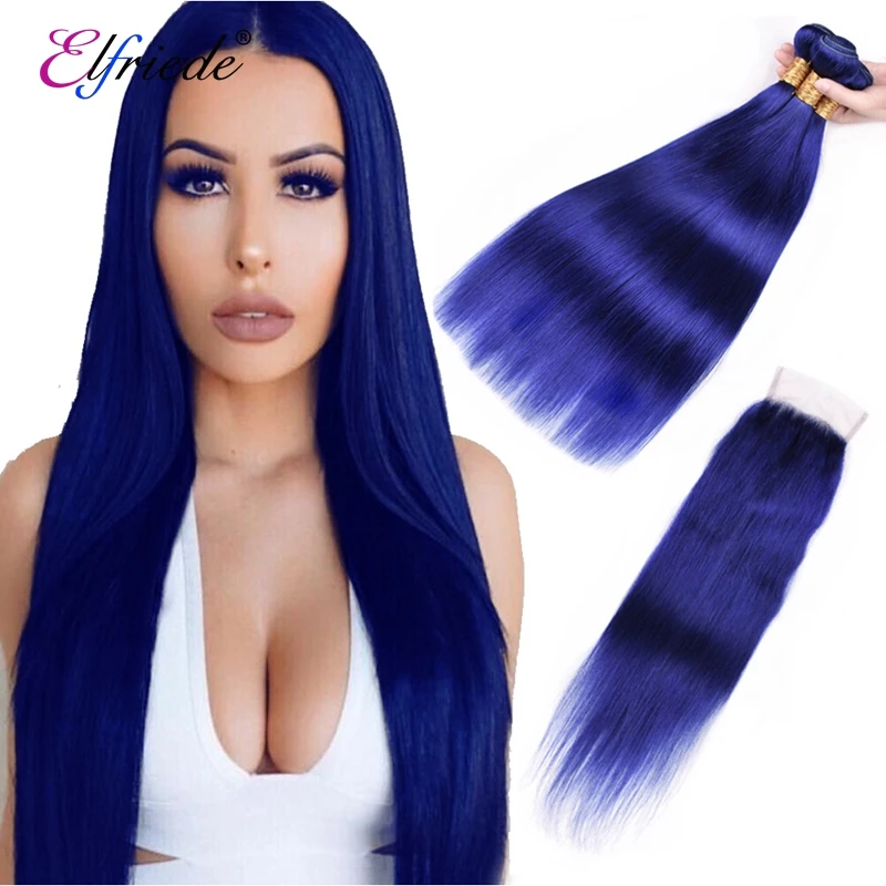 Cabelo liso remy natural brasileiro com fecho, azul #3, 4x4, com fecho de renda transparente