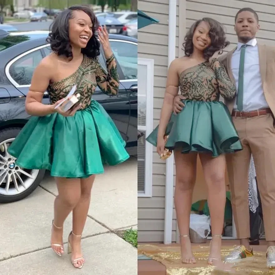 

Customized Stylish Sexy Knee Length Single Rotator Cuff Sequin Back To School Dress Crinkle Satin Short Mini PROM Cocktail Dress