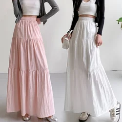 Loose Folds Skirt Pink Sweet Elegant Elastic Waist A-Line Skirt Large Swing Spring Summer Casual Cake Skirt Solid Women Clothing