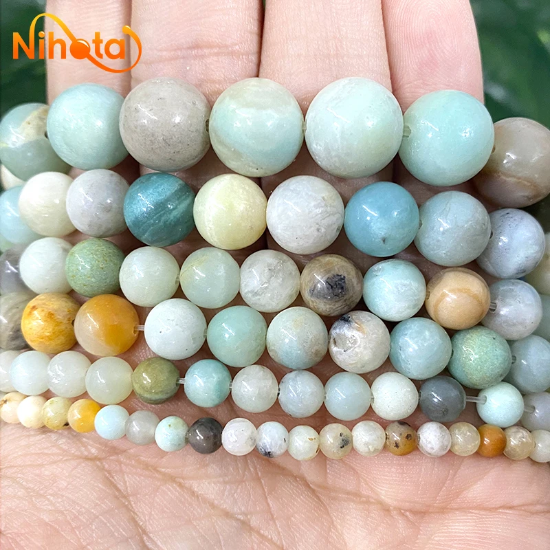 Natura Stone Smooth Mixed Amazonite Round Beads for Jewelry Making Diy Bracelet Accessories 15\