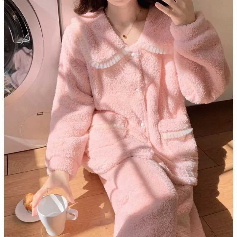 

2024 New Sweet Princess Style Women's Pajamas Autumn Winter Coral Plush Sleepwear Warm Large Size Girls Outwear Home Wear Set