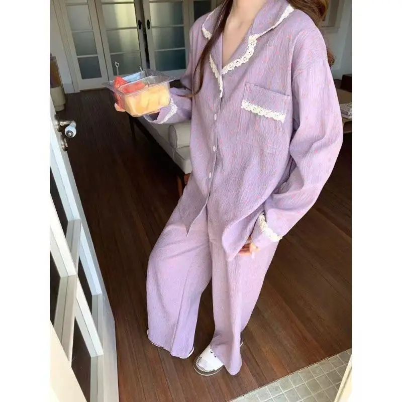 Women's Long Sleeve Long Pants Pajama Set Women's Spring Autumn Cardigan Home Clothes Sweet Student Fashion Soft Two-Piece Set