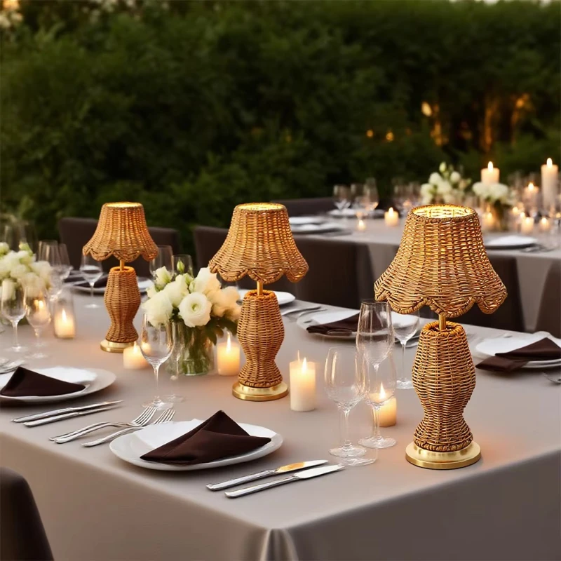 

Cordless 5200mAh Natural Rattan Table Bamboo Farmhouse Family Restaurant Hotel Decoration Charging Light