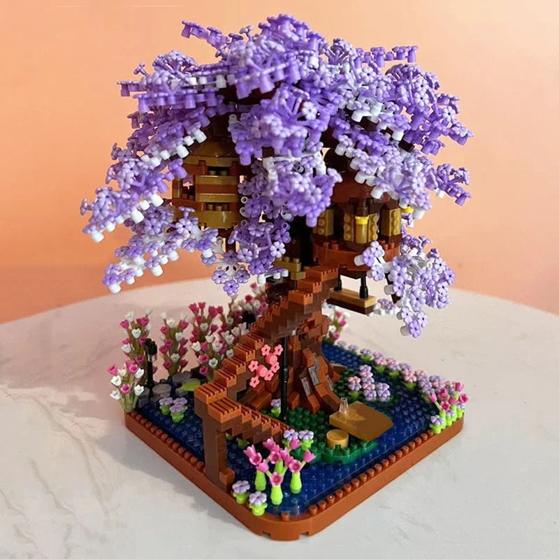 ZRK7855 Architecture Sakura Flower Tree House Block Garden Swing River 3D Diamond Blocks Bricks Building Toys No Box