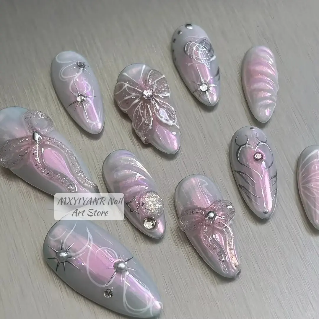 10Pcs Handmade Manicure Medium Almond Fake Nails Cute Ballet Limited Nails Press On Nails Design with Adhesive Nail File Set