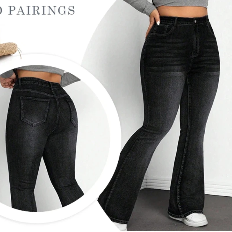 Y2k جينز نسائي أسود رمادي متوهج الدينيم السراويل خمر عالية الخصر تمتد Bootcut بنطلون موضة عصرية لباس غير رسمي #6