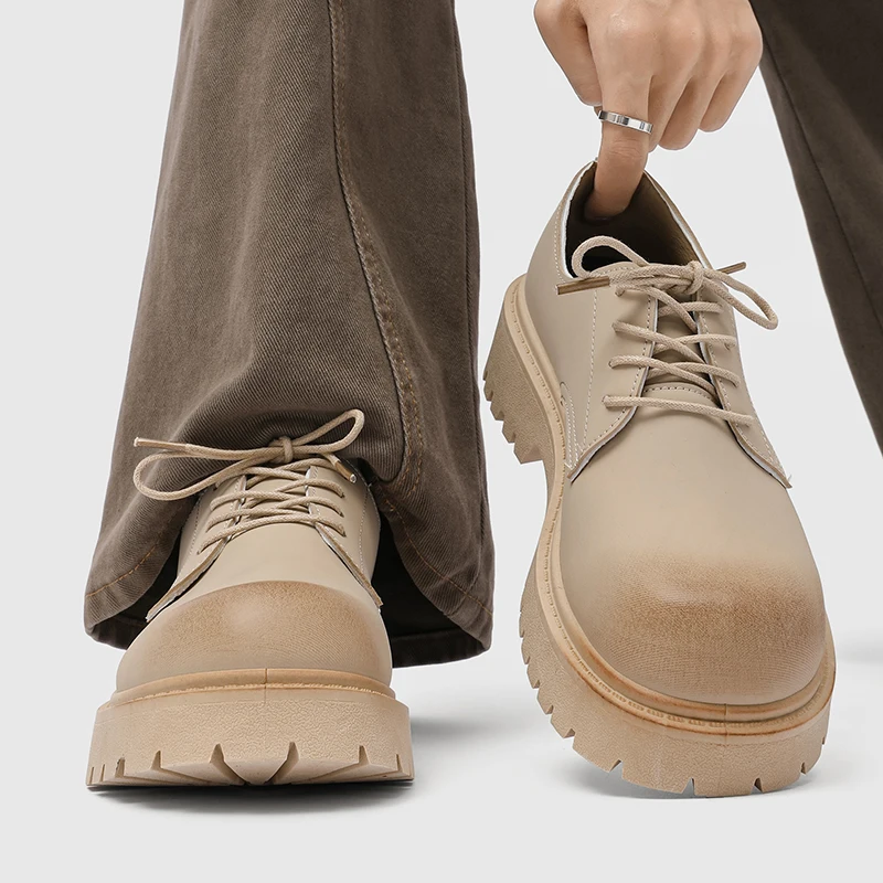 

2026 New Mens Chunky Derby Work Boots Retro Lace-Up Suede Shoes Thick Sole Breathable Low-Top Industrial Casual Footwear for Men