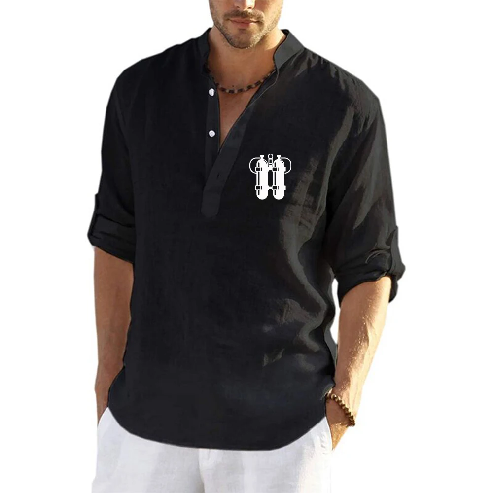 Men's Casual Solid Color Long Sleeve Flax Shirt Scuba Diving Twinset Logo Print 2026 Summer Fashion Comfortable Versatile Top