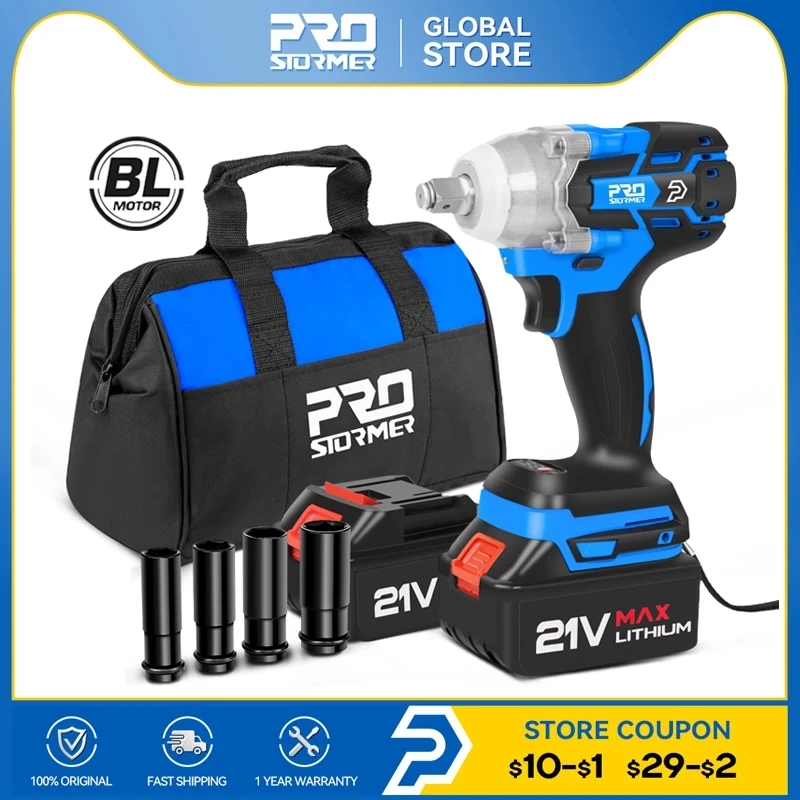 21V Impact Wrench Electric Cordless Torque Wrench Brushless Socket Li-ion Battery Household Repair Power Tool PROSTORMER