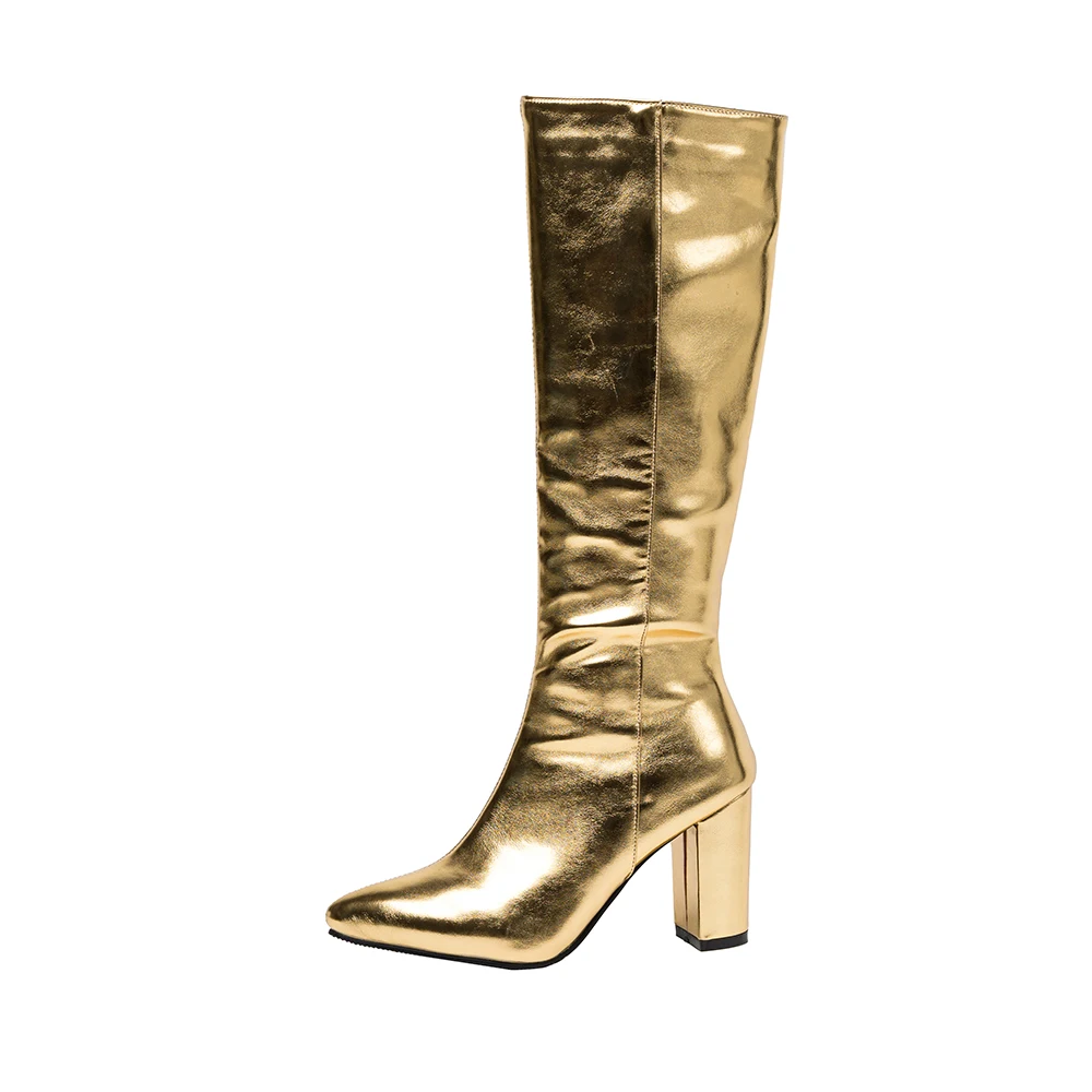 2024 Winter Glamour Silver Gold Women Knee High Boots Pointed Toe High Heels Lady Party Shoes Plus Small Big Size 32 43 46