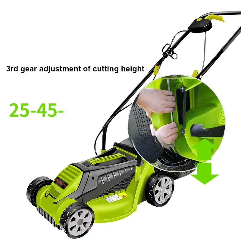 220V Electric Lawn Mower Hand Push Grass Cutting Machine Multi-Function Lawn Mower 3 Gears 1600W