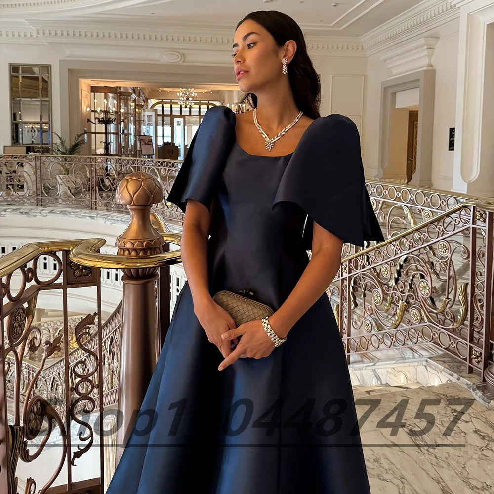 Customized Scoop Neckline Navy Blue Satin A-line Evening Dress Short Sleeves Draped Backless Floor Length Party Prom Gown