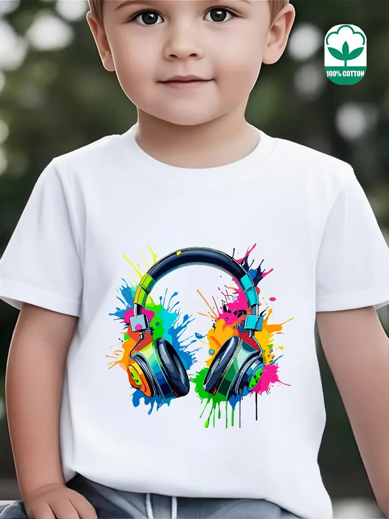 Colorful Paint Splash Headphones Music Art Graphic Print Family Matching Short Sleeve Tee Boys Girls Kids Casual Daily Tops