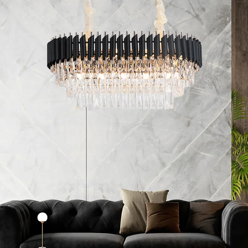 K9 Crystal Chandelier Modern Luxury Ring Pendant Light for Living Room Round Black Suspension Restaurant Decor Led Ceiling Lamp