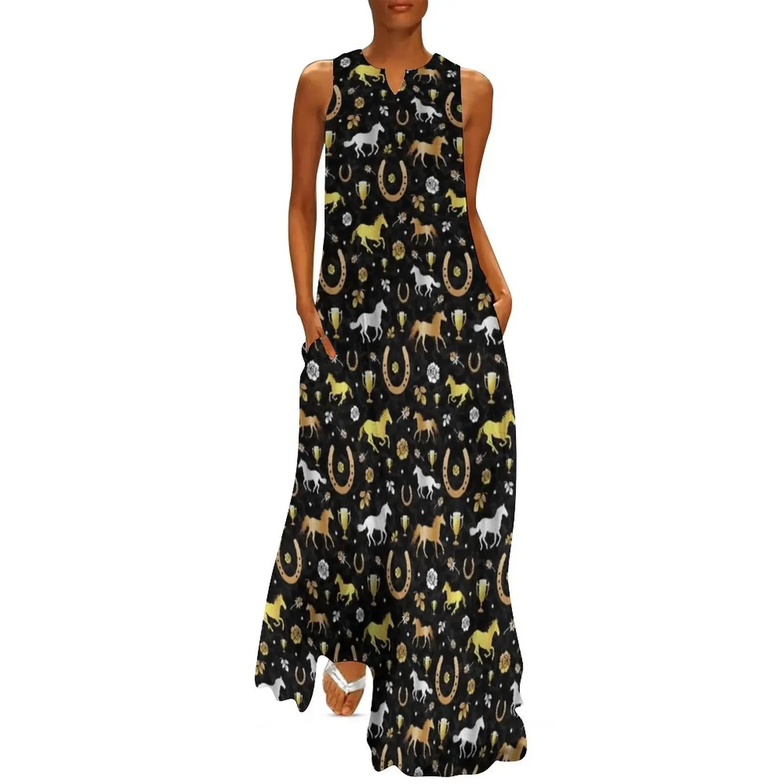 

Horse Racing Derby Day Party Black Gold Pattern Long Dress dresses for women 2025 summer dress daily Dress