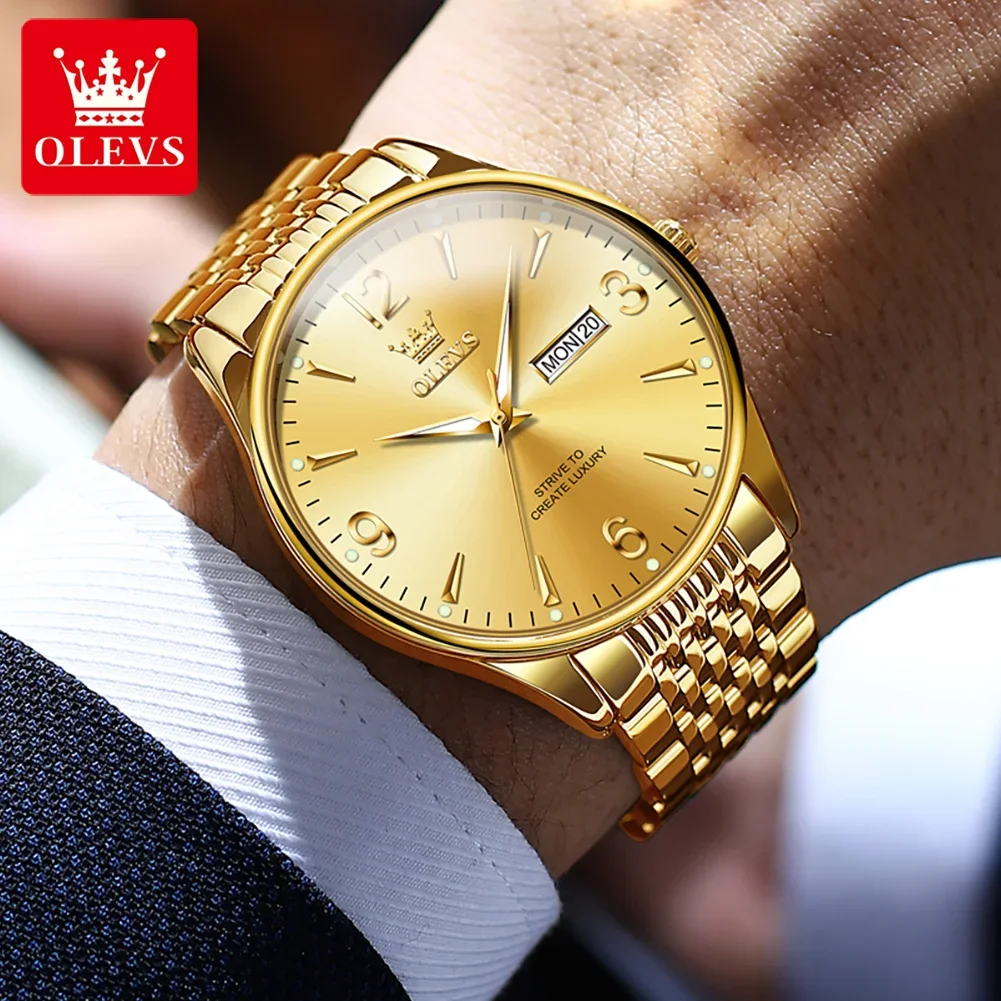 OLEVS Gold Watch Men Top Brand Luxury Waterproof Stainless Steel Quartz Watch Date Clock Calendar Clock Men Relogios Masculinos