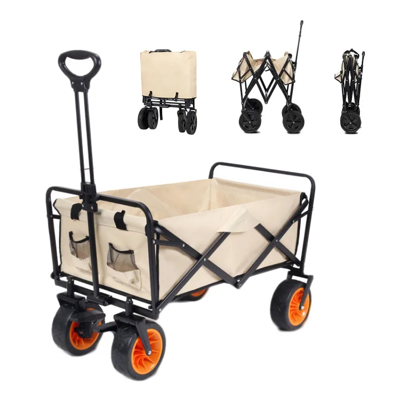 

Heavy Duty Adjustable Black Collapsible Camping Wagon With Table Outdoor Utility Beach Trolley Cart Folding Wagon for Garden