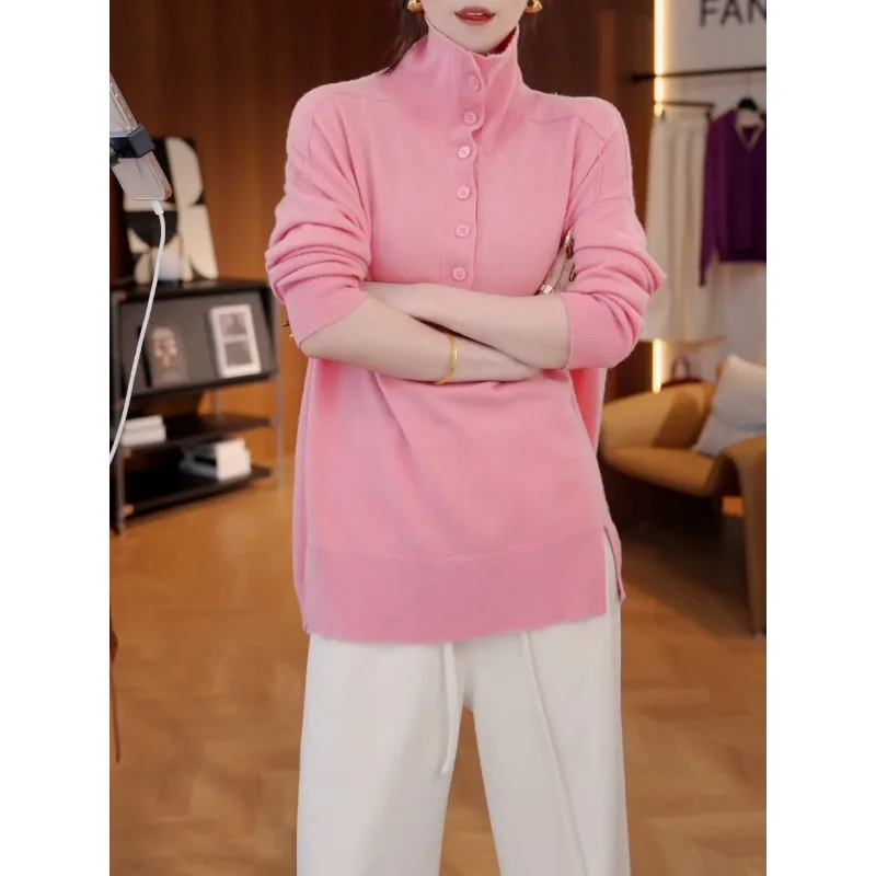 

Корейский стиль, модный темпераментный повседневный универсальный вязаный свитер с воротником, осенне-зимний низ средней длины