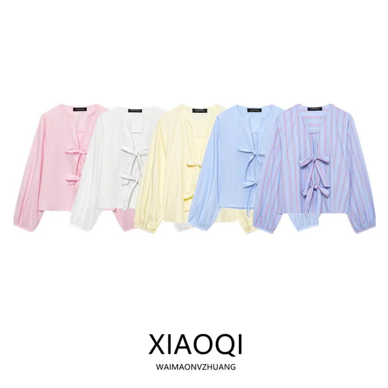 

Весна 2025: Женская универсальная шелковая рубашка с круглым вырезом, декорированная узлом, в полоску, свободного кроя, с длинным рукавом, стандартной длины