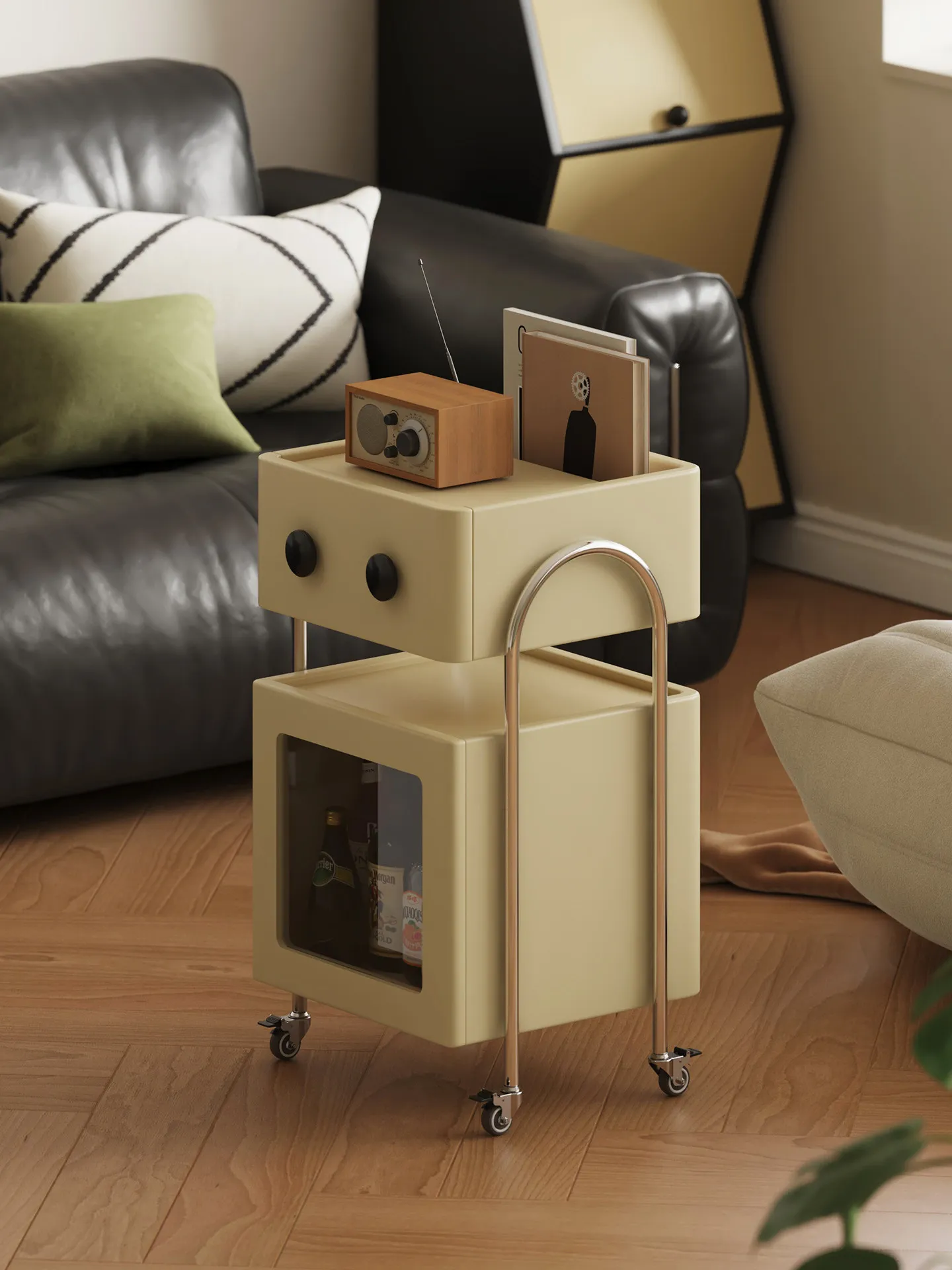 Cream wind movable trolley, living room, sofa side, storage rack