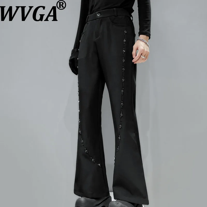 

WVGA Spring Autumn New Men Tide Beaded Decor Flared Korean Style Trendy Wide-leg Niche Chic Casual Suit Pants Streetwear W16804
