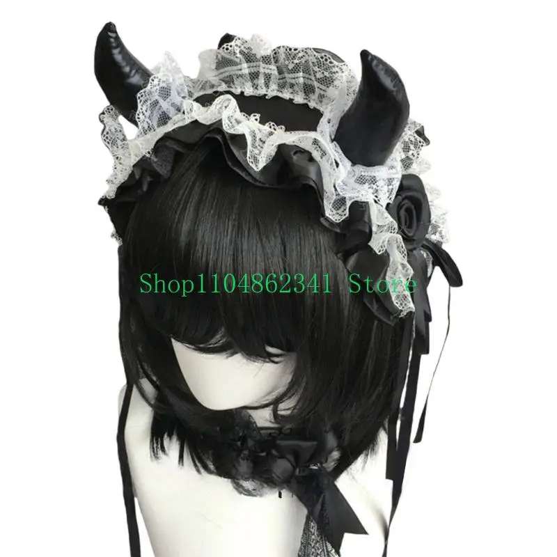 5asd Vintage Gothic Lace Devil Horn Headband Comfortable Cosplay Headpiece For Women Music Festival Halloween Cosplay Event