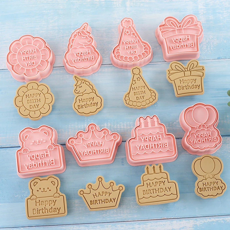 8Pcs Cookies Cutters For Happy Birthday Plastic Cartoon Pressable Biscuit Mold Confectionery Cookie Stamp Baking Pastry Tools