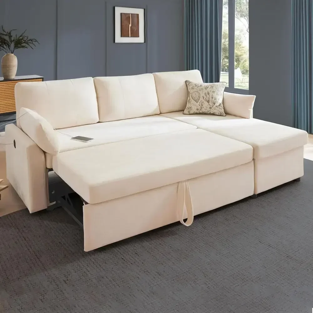 85 L-Shaped Sectional Sofa with Pull-Out Sleeper, Reversible Chaise, Storage, and USB/Type-C Ports in Beige Chenille