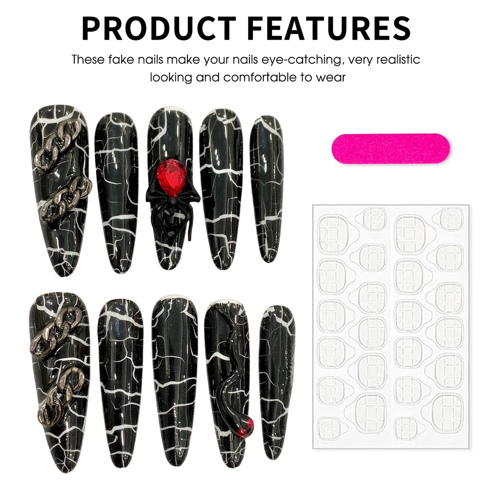 

10pcs Dark Black Gothic False Nails Glossy Black Long Almond Fake Nails Horror Spider Metal Chain Decor Handmade Press On Nail