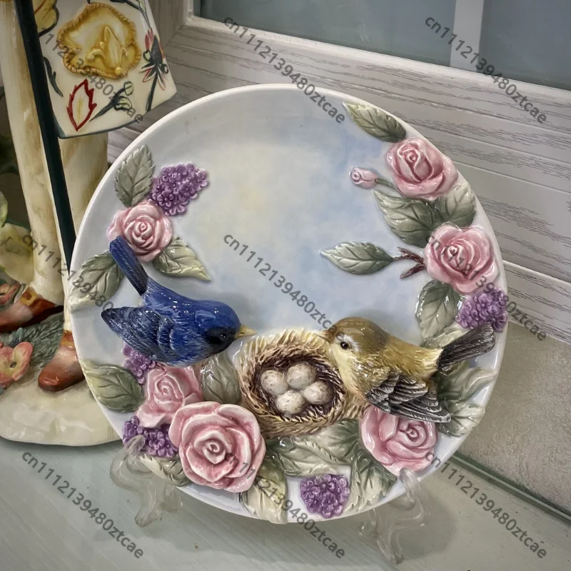3D Red Rose Bird Pattern Decorative Wall Plate, Porcelain Hanging Dish Figurine, Vintage Art Craft Ornament for Home view 2
