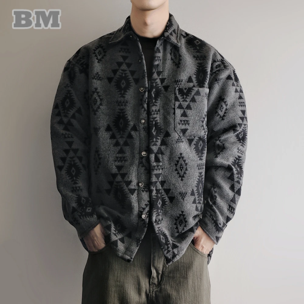 Japanese Vintage Heavyweight Work Shirt Men Ethnic Print Long Sleeve Loose Fit Oversized Two Tone Brushed Flannel Fashion Coat