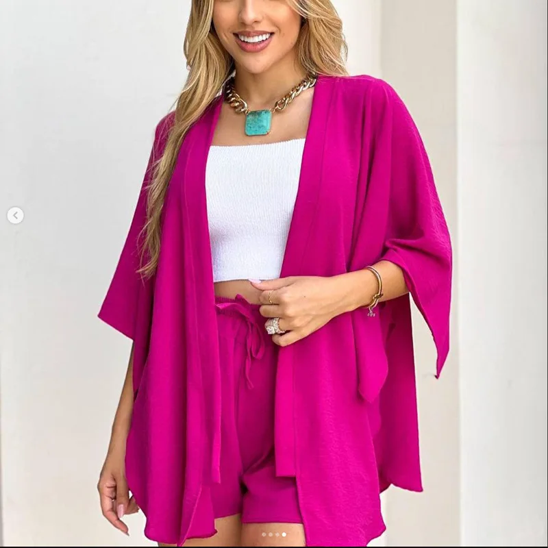 Sexy Deep V-neck Midi Dress 2023 Summer Ruffle Fringe Loose 3/4 Sleeve Cardigan Drawstring Fashion Casual Shorts Set